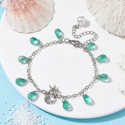 Alloy Starfish Scallop Shell Shape with Glass Teardrop Charm Bracelets BJEW-JB09983-02-1