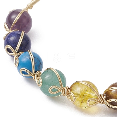 Natural Mixed Gemstone Round Beaded Cuff Bangle BJEW-JB09594-1