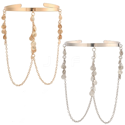 2Pcs 2 Colors Bohemia Style Tassel Alloy Upper Arm Open Cuff Bangles for Women BJEW-CY0001-03A-1