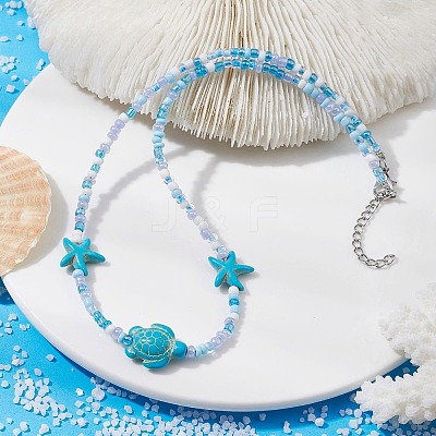 Synthetic Turquoise Starfish & Turtle & Seed Beaded Necklace for Women NJEW-JN04482-01-1