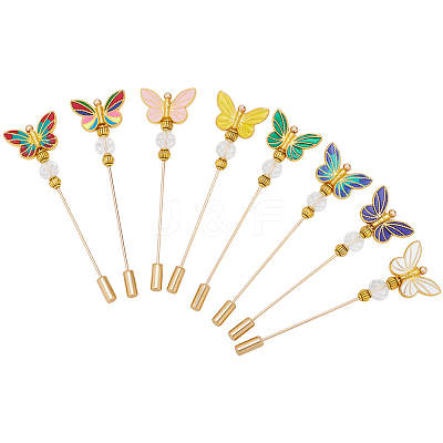 8Pcs Butterfly Brass & Alloy Enamel & Glass Beads Brooches JEWB-GO00005-1