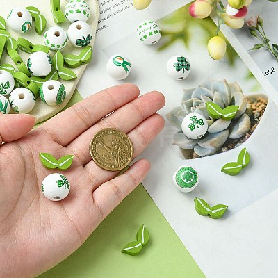 40Pcs 4 Styles Saint Patrick's Day Theme Spray Painted Natural Wood Beads WOOD-FS0001-13-1