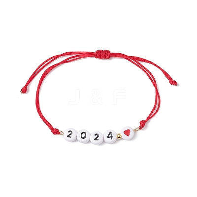 2Pcs 2 Color Heart with Word 2024 Acrylic Braided Bead Bracelets Set BJEW-JB09780-1