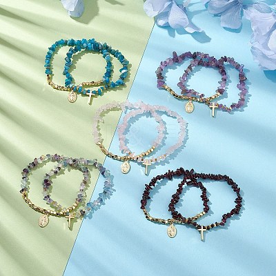 2Pcs Natural Gemstone Chip & Cube Non-magnetic Synthetic Hematite Beaded Stretch Bracelet Sets BJEW-JB10630-1