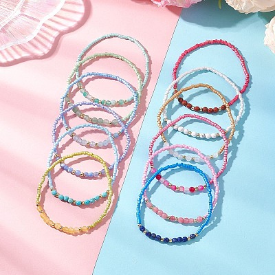 12Pcs Glass Seed Bead & Natural Mixed Gemstone Beads Bracelets for Women BJEW-MZ00311-1