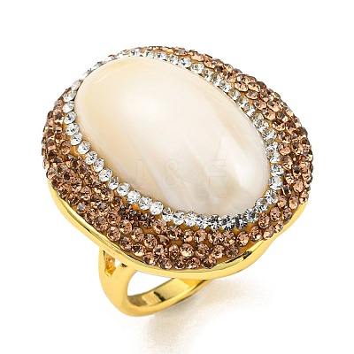 Natural Shell Oval Open Cuff Ring with Rhinestone RJEW-D005-04G-1