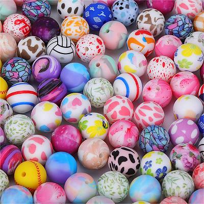 Printed Round with Leopard Print Pattern Silicone Focal Beads SI-JX0056A-07-1
