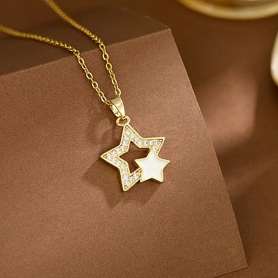 304 Stainless Steel Pave Clear Cubic Zirconia Star Pendant Necklaces for Women WG2EDAA-02-1