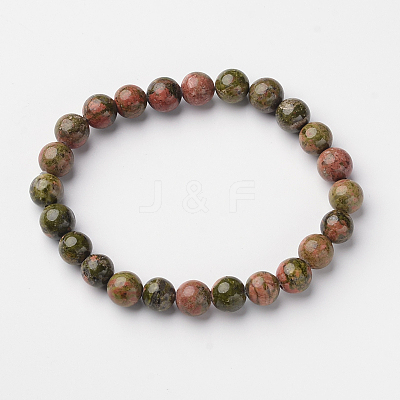 Natural Unakite Round Bead Stretch Bracelets BJEW-L593-A02-1