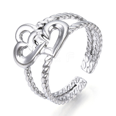 Non-Tarnish 304 Stainless Steel Interlocking Heart Open Cuff Ring RJEW-N040-16-1