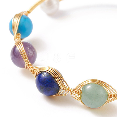 Mixed Stone & Natural Pearl Beads Wire Wrapped Cuff Bangle BJEW-JB07507-1