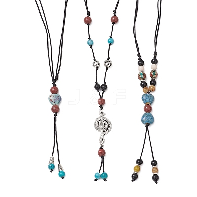 3Pcs 3 Styles Retro Glass & Porcelain & Alloy Snake Adjustable Nylon Cord Y Necklaces for Women NJEW-JN05360-1