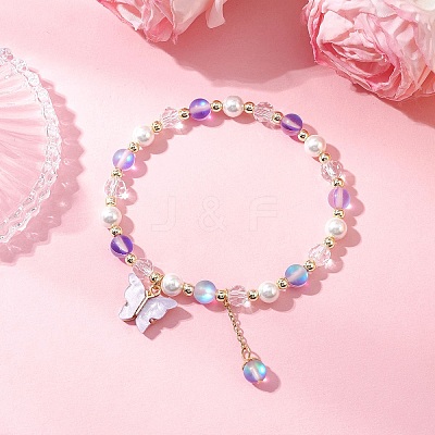 Frosted Dyed Synthetic Moonstone & Shell Pearl Round Beads Stretch Bracelets BJEW-JB11822-03-1