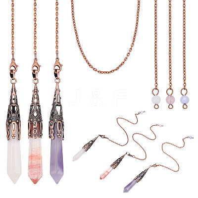 3Pcs Cone Natural Rose Quartz & Amethyst & Malaysia Jade & Cherry Quartz Glass Dowsing Pendulums PALLOY-MA00007-1