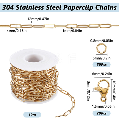 10M Ion Plating(IP) 304 Stainless Steel Paperclip Chains wih 50Pcs Open Jump Rings with 20Pcs  Lobster Claw Clasps FIND-SC0012-55-1