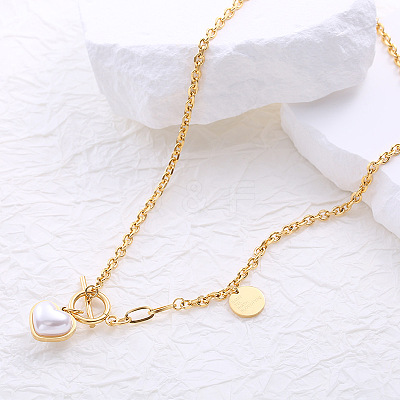 French Style Stainless Steel Pave Imitation Pearl Heart O-Toggle Pendant Necklaces for Women BF9178-2-1