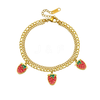 304 Stainless Steel Enamel Red Strawberry Charm 2-Strand Bracelets for Women WG018B1-01-1
