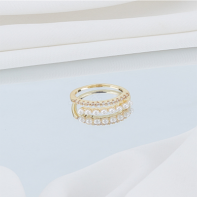 1Pc Clear Cubic Zirconia Open Cuff Ring with Acrylic Pearl Beaded RJEW-LP0008-15-1