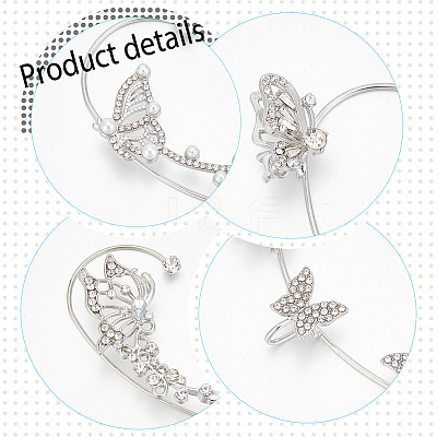 4 Pair 4 Style Butterfly Alloy Rhinestone Cuff Earrings EJEW-AN0003-81-1