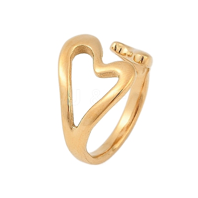 304 Stainless Steel Heart Open Cuff Rings for Women RJEW-B110-01G-1