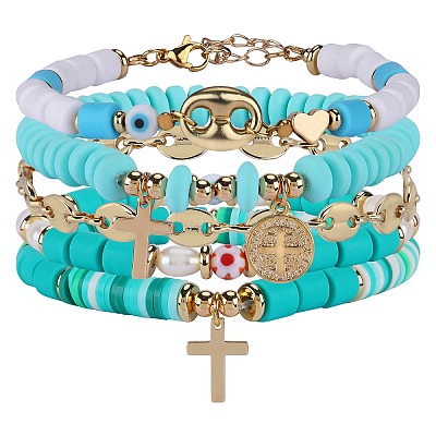 5Pcs 5 Style Handmade Polymer Clay Stretch & Brass Beaded & Alloy Link Chain Bracelets Set BJEW-SZ0001-66C-1