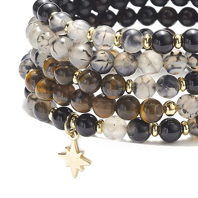 5Pcs 5 Style Natural Mixed Gemstone Round Beaded Stretch Bracelets Set BJEW-JB08829-1