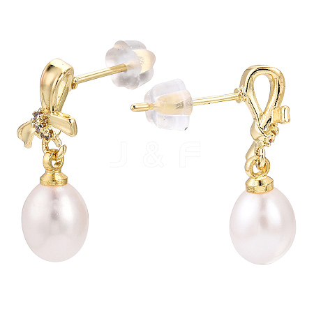 Natural Pearl & Cubic Zirconia Bowknot Dangle Stud Earrings PEAR-N017-06D-1