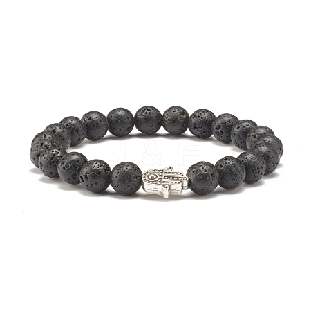 Natural Lava Rock Round Beaded Stretch Bracelet with Hamsa Hand BJEW-JB07693-1