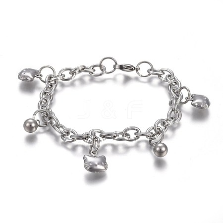 304 Stainless Steel Kitten Charm Bracelets BJEW-L637-22-P-1