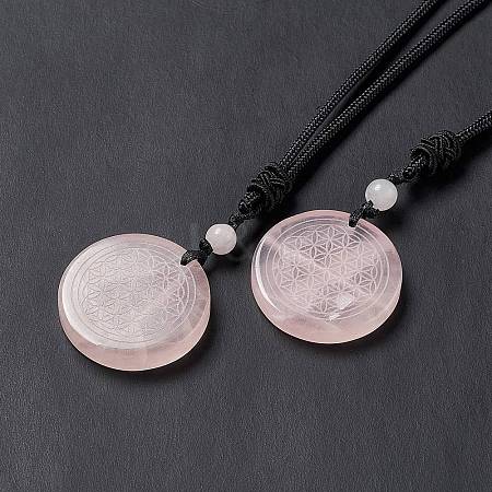 Natural Rose Quartz Flat Round with Flower of Life Pendant Necklace with Nylon Cord for Women NJEW-P274-02-06-1