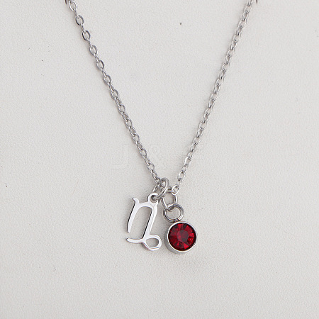 304 Stainless Steel Light Siam Rhinestone Birth Stone Constellation Pendant Necklaces FS-WG76580-13-1