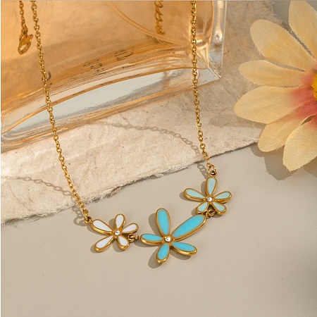 304 Stainless Steel Sky Blue Enamel with Crystal Rhinestone Triple Flower Pendant Necklaces for Women LS-NJEW-G181-01G-1