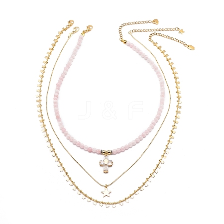 3Pcs 3 Style Natural Rose Quartz Cross & Star Pendant Necklaces Set with Brass Chains NJEW-JN04032-1