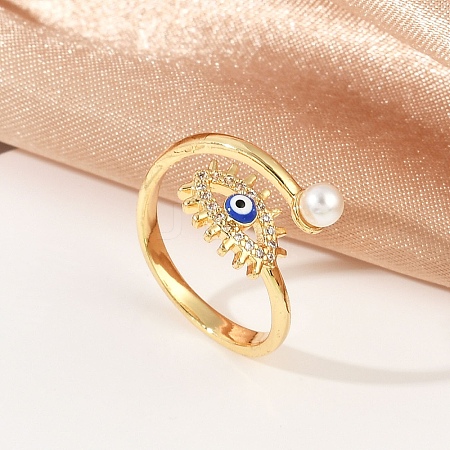 Evil Eye Brass Micro Pave Clear Cubic Zirconia Open Cuff Rings for Women. with ABS Plastic Imitation Pearl and Enamel RJEW-G343-20G-1