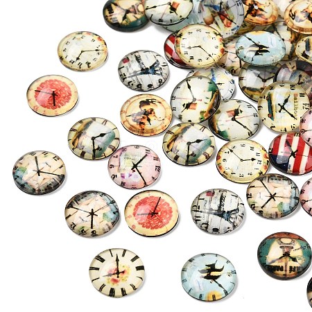Clock Printed Glass Cabochons GGLA-A002-12mm-YY-1