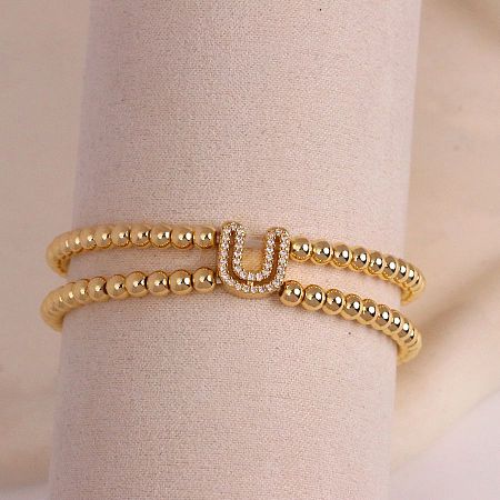 Brass Micro Pave Clear Cubic Zirconia Beads Double Strands Stretch Bracelets for Women FS-WGC7159-21-1