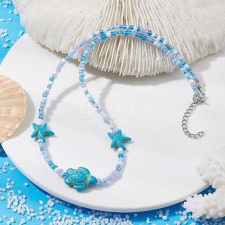 Synthetic Turquoise Starfish & Turtle & Seed Beaded Necklace for Women NJEW-JN04482-01-1