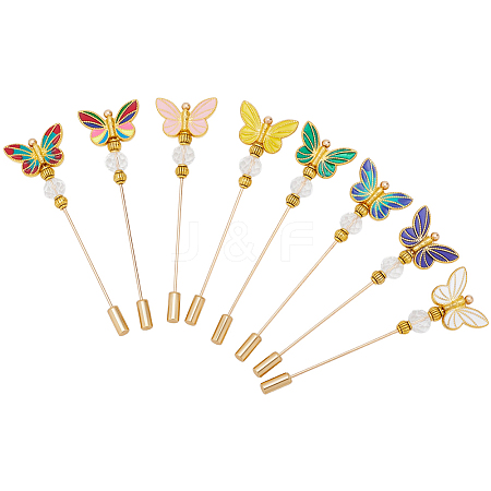 8Pcs Butterfly Brass & Alloy Enamel & Glass Beads Brooches JEWB-GO00005-1