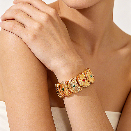 Exotic Embossed Texture Crescent Moon Brass Rhinestone Cuff Bangle with Clasps for Women OM4527-1