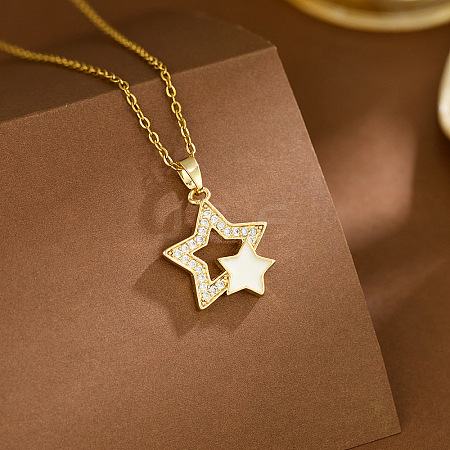 304 Stainless Steel Pave Clear Cubic Zirconia Star Pendant Necklaces for Women WG2EDAA-02-1