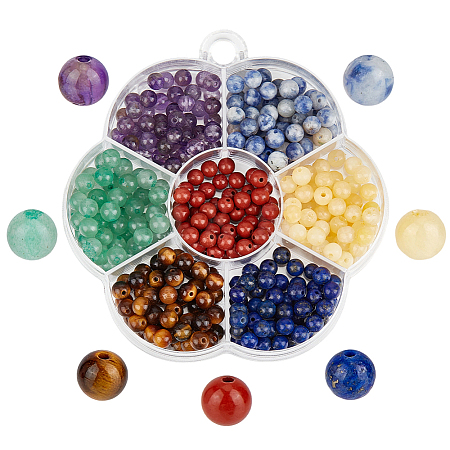 350Pcs 7 Styles Natural Amethyst & Lapis Lazuli & Blue Spot Jasper & Green Aventurine & Yellow Tiger Eye & Yellow Jade & Red Jasper Chakra Beads G-PA0001-93A-1