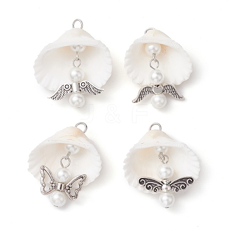 4Pcs 4 Styles Copper Wire Wrapped Shell Pendants PALLOY-JF02710-1