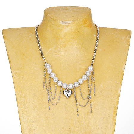 Imitation Pearl Round Beaded Alloy Heart Chain Tassel Bib Necklaces for Women WG3C231-01-1