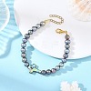 Dyed Natural Cultured Freshwater Pearl Round Beaded Bracelets with Religion Cross Natural Paua Shell for Women BJEW-JB14274-1