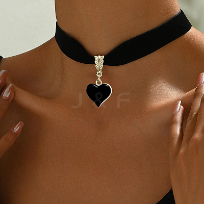 Alloy Enamel Heart Pendant Black Velvet Choker Necklaces for Women NJEW-WH20014-01B-1