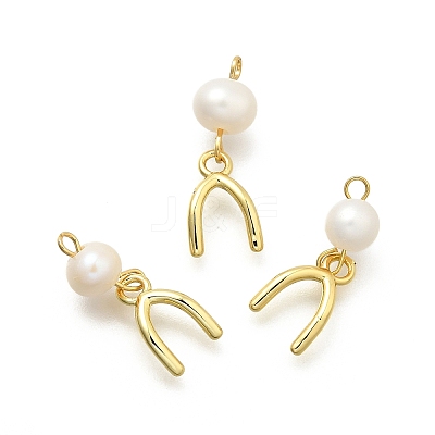 Brass & Natural Pearl U Shaped Pendants KK-Z093-38G-1