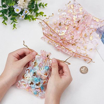 80Pcs 2 Styles Heart Printed Organza Bags OP-BBC0001-04C-1