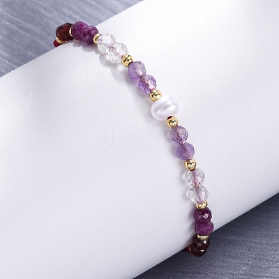 Faceted Round Natural Amethyst & Quartz Crystal Braided Bead Bracelets BJEW-F493-09G-05-1