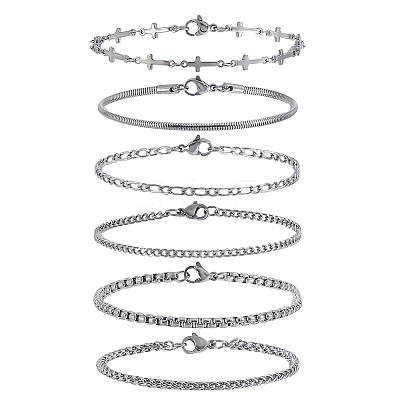 6Pcs 6 Styles 304 Stainless Steel Chain Bracelets BJEW-GA0001-18-1