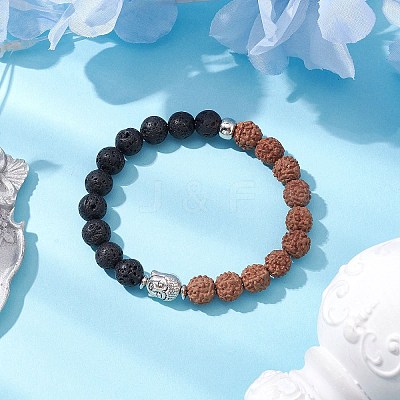 Round Natural Lava Rock & Natural Rudraksha Beaded Stretch Bracelets BJEW-TA00527-1
